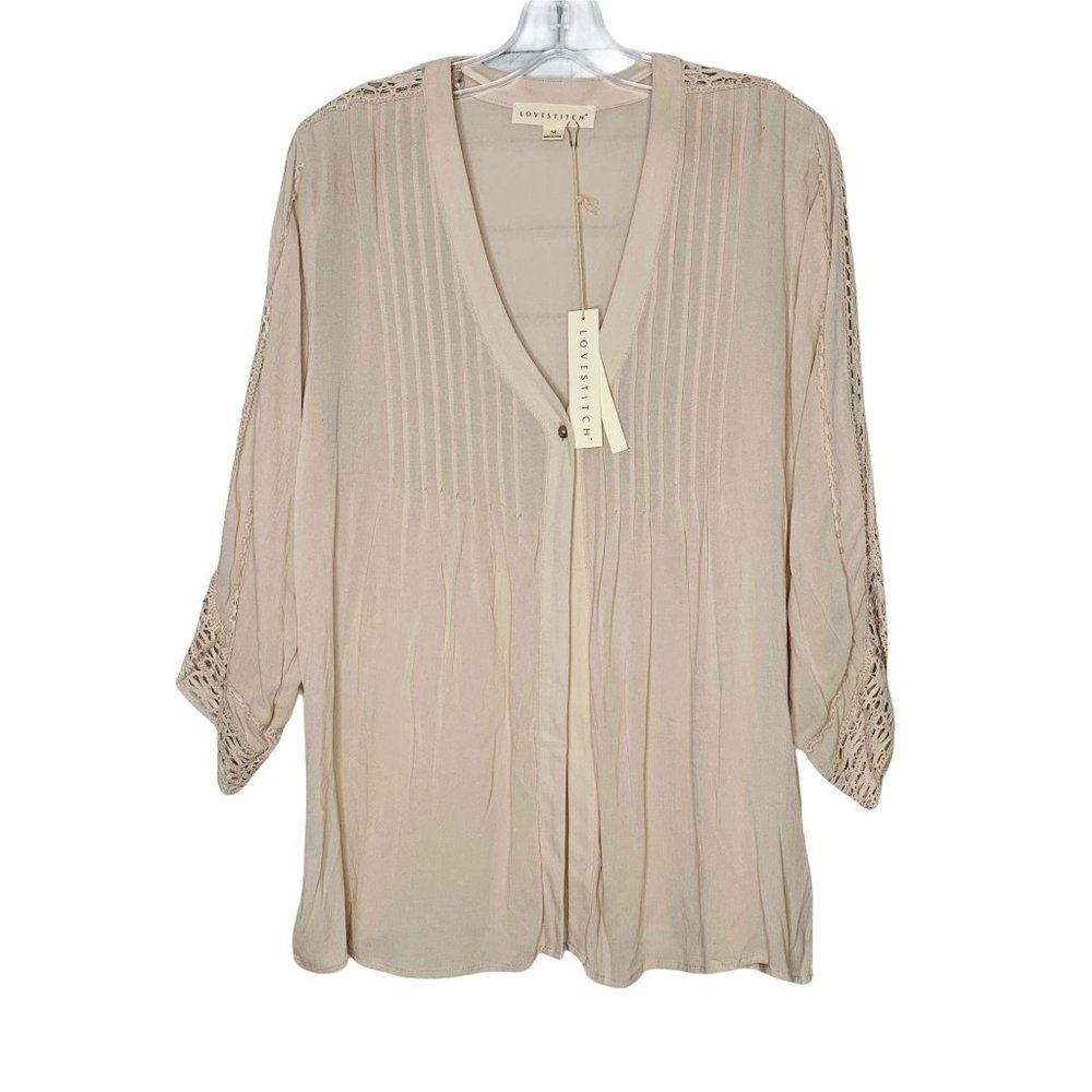 NWT Lovestitch blouse crocheted lace pintucked ivory semi sheer 3/4 sleeves M